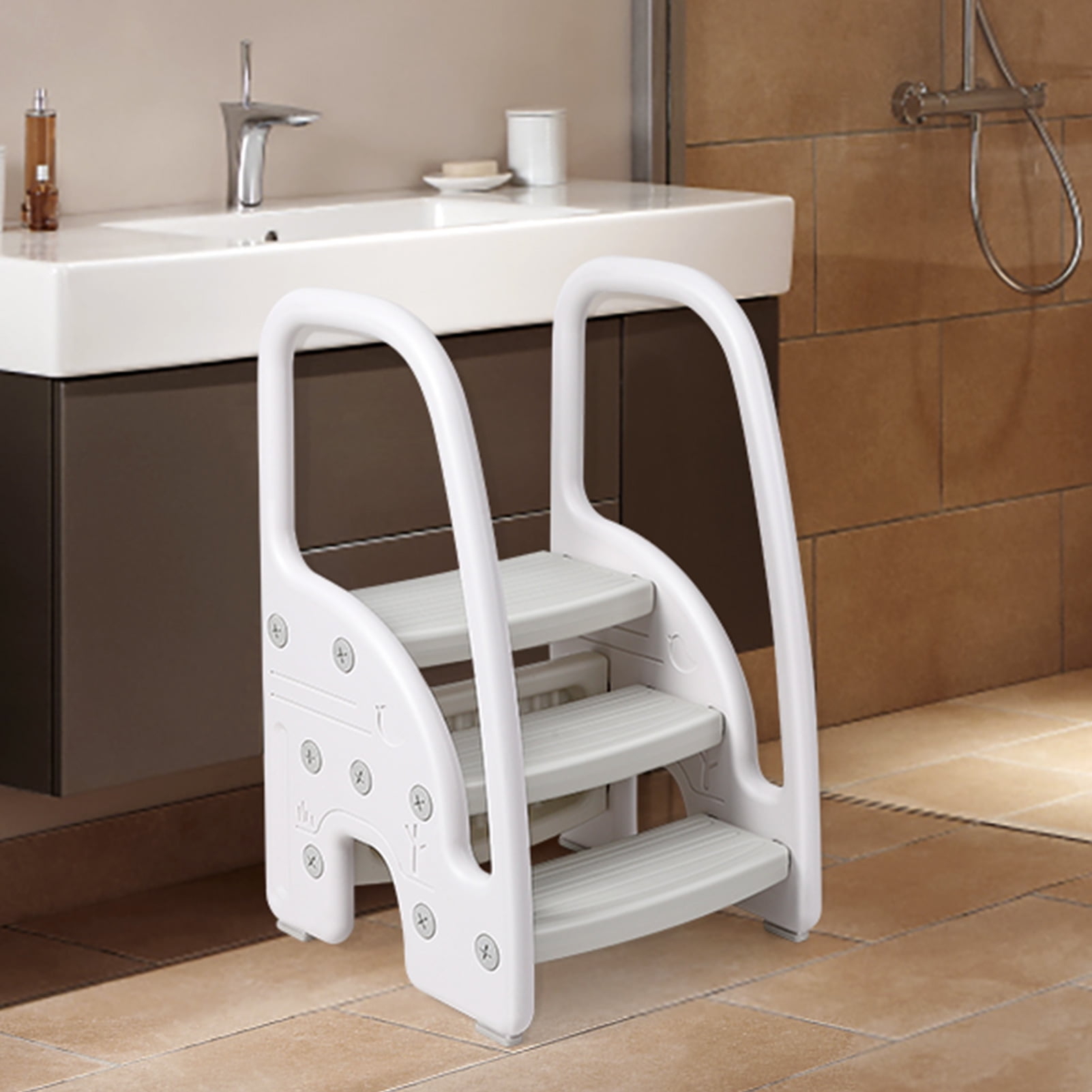 Toddler Step Stool for Bathroom Sink Kitchen Counter Plastic Kids 3 Step Stool with Handles Sides for Toilet Potty Training Lightweight Stepping