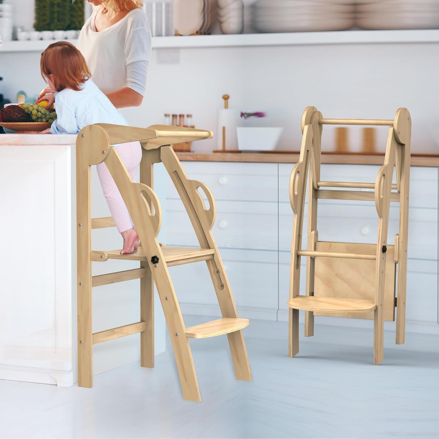 Toddler Step Stool, Folding Wooden Step Stool, Montessori Toddler Tower