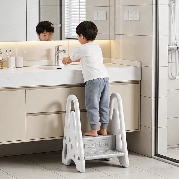 Toddler Step Stool Ladder for Bathroom Sink, Kids Potty Training Step Stool for Toilet with Handle Kitchen Helper for Toddlers Babies (Grey (2 Steps))