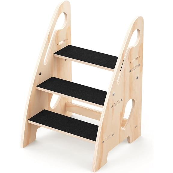 Toddler Step Stool, Wooden Height-Adjustable 3-Step Stool for Kids, Potty Training Stool with Handles and Non-Slip Pads for Bathroom Sink, Kitchen, Bedroom