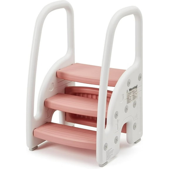 Toddler Step Stool for Bathroom Sink, 3 Step Stools for Kids, Children Learning Helper Stool with Safety Handles, Lightweight Non-Slip, Pink
