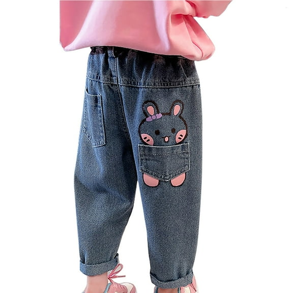 Toddler Straight Jeans Cute Heart Distressed Bottom Denim Pants Baby Girls Elastic Waist Pull on Jeans with Pockets