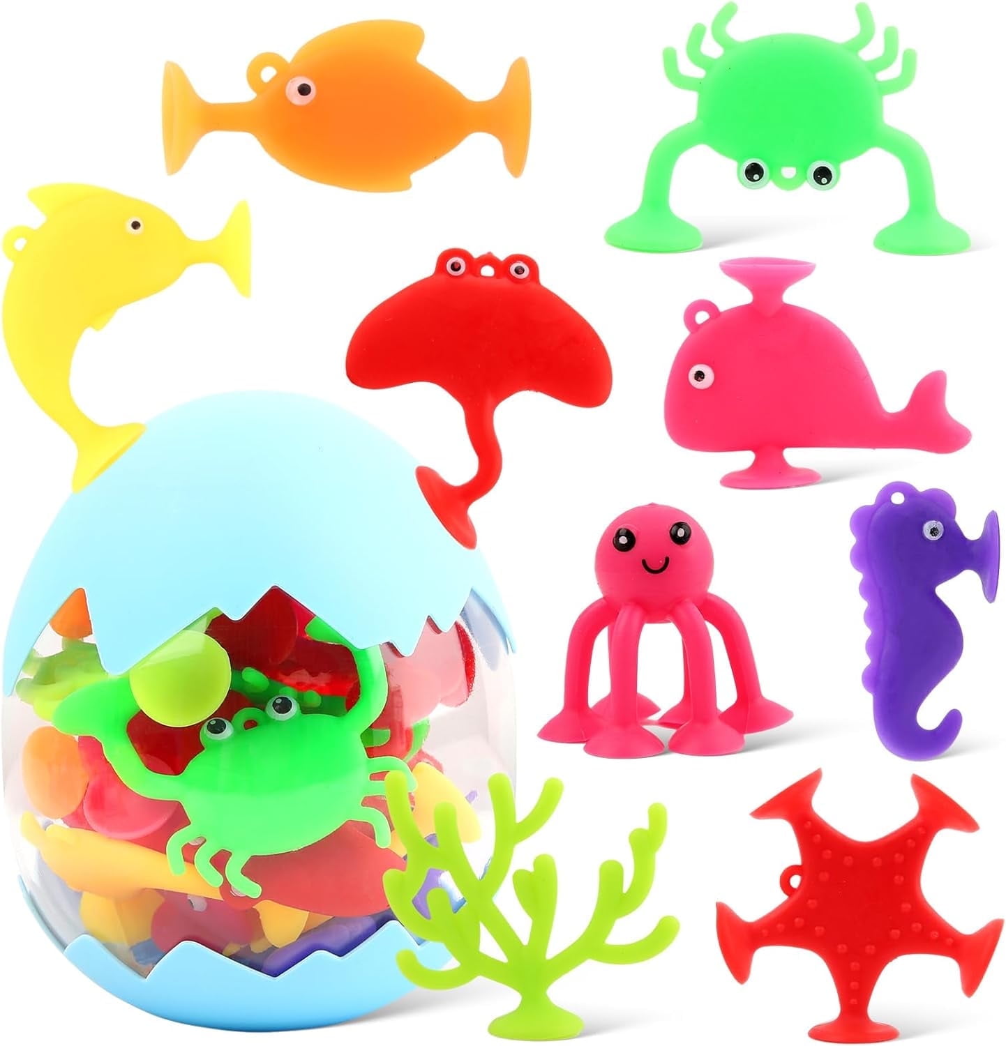 Toddler Suction Bath Toys: 18PCS Ocean Silicone Suction Cup Toys with Eggshell \u0026 Bag No Hole Mold Free Bathtub Shower Toys for Kids Ages 1-3 4-8 Sensory Fidget Window Toys Baby Travel Toys Gifts