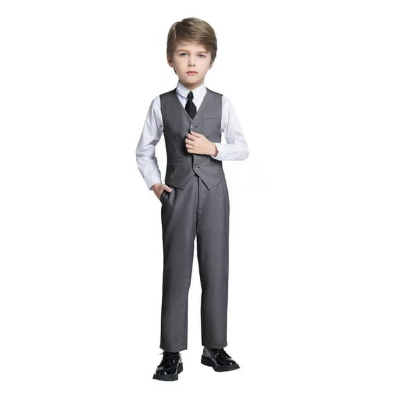 Toddler Suits for Boys Ring Bearer Suit Boys Suits Gray Dressy Outfit Set 4Pcs Vest and Pants Suit Set for Christmas Size 14