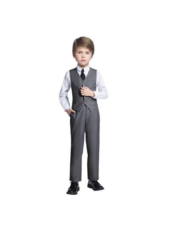 Toddler Suits for Boys Ring Bearer Suit Boys Suits Gray Dressy Outfit Set 4Pcs Vest and Pants Suit Set for Christmas Size 2T