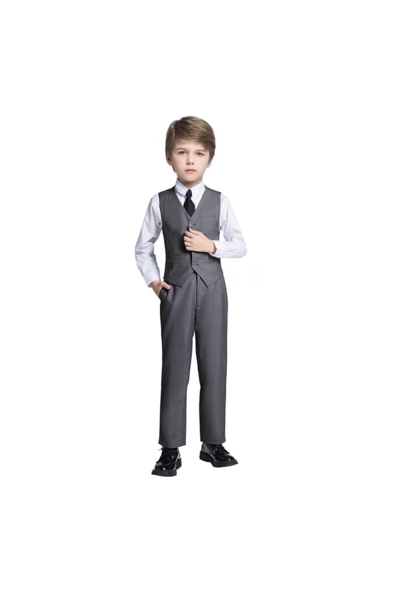 Toddler Suits for Boys Ring Bearer Suit Boys Suits Gray Dressy Outfit Set 4Pcs Vest and Pants Suit Set for Christmas Size 2T