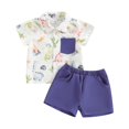 thumbnail image 1 of Toddler Summer Clothes Boy Baby Easter Outfit Toddler Boy Summer Clothes Pattern Button Down Collar Short Sleeve Shirt+Shorts Baby Boy Outfit Purple 12-18 Months, 1 of 9