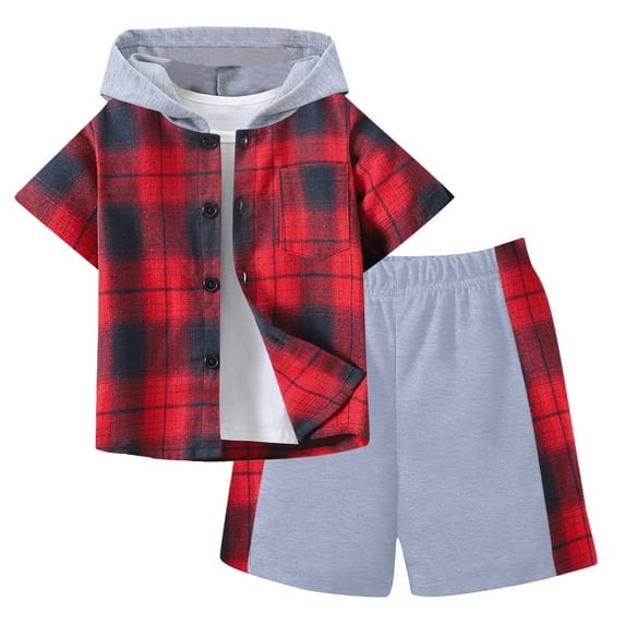 Toddler Summer Clothes Boy Boys' Shorts Set Outfits Small Children'S Summer New Short Sleeved Pants Plaid Color Collision Hooded boys sweatsuits size 10