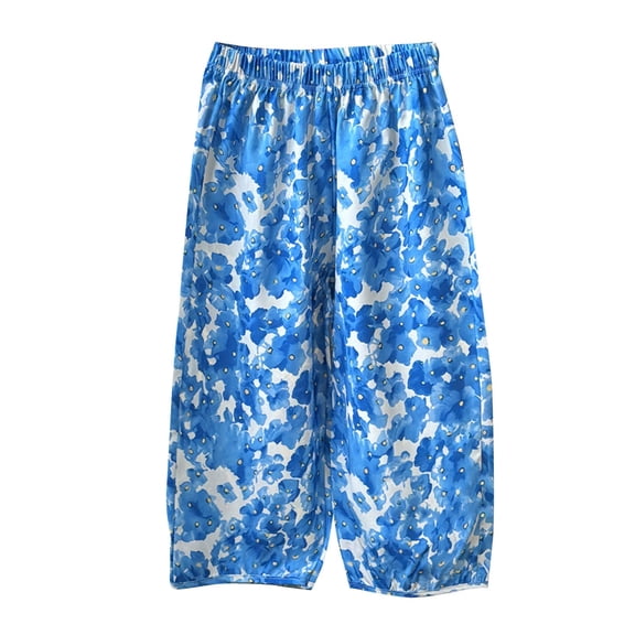 Toddler Summer Clothes Pull Up Loose Girls Pants 2-12 Years Elastic Waist Floral Print Wide Leg Trouser (7 Years, Sky Blue)