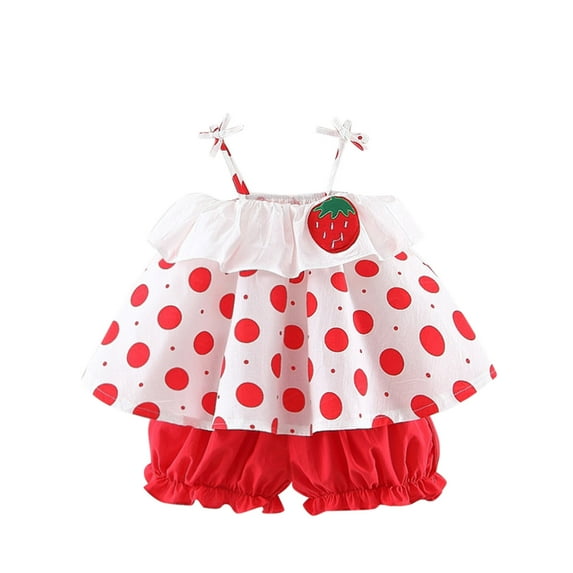 Toddler Summer Clothes Spaghetti Strap Strawberry Dot Printed Casual Tops + Shorts Pants 2 Piece Outfits Girls Toddler Girl Clothes 18-24 Months Girls Clothes