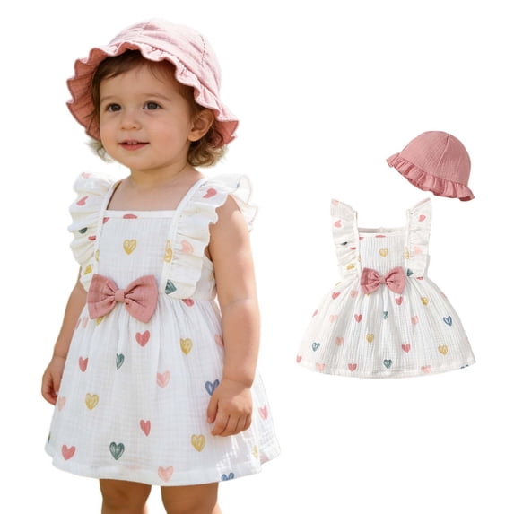 Toddler Summer Dress Girls Ruffle Sleeve Cute Print Girls Casual Dresses Girls Sun Dress Hats Set Girls Summer Outfits 2-3 Years