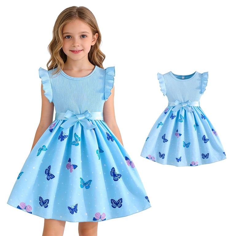 Toddler Summer Dress Girls Ruffle Sleeve Girls Casual Dresses Butterfly Print A-Line Dress with Bow Dresses for Girls Size 3-4 Years
