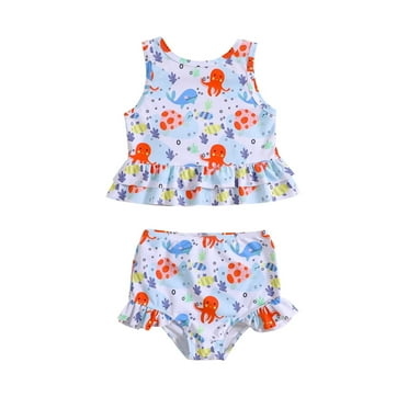 Toddler Summer Girls Bowknot Cartoon Fish Printed Ruffles Two Piece Swimwear Swimsuit Bikini,Size 2 Years-3 Years