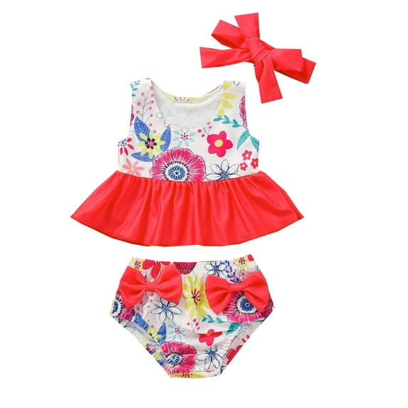 Toddler Summer Girls Bowknot Flower Printed Ruffles Two Piece Swimwear Swimsuit Bikini With Headbands