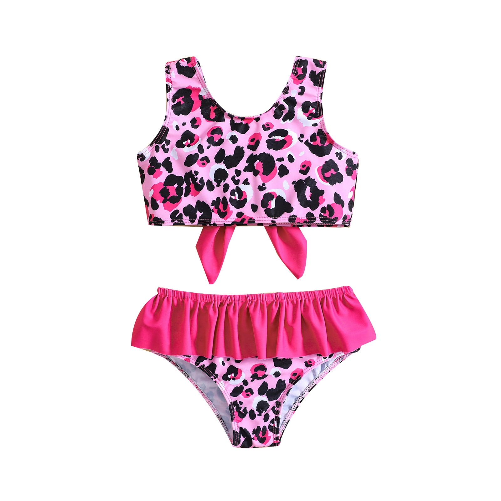 Toddler Summer Girls Bowknot Leopard Printed Ruffles Two Piece Swimwear