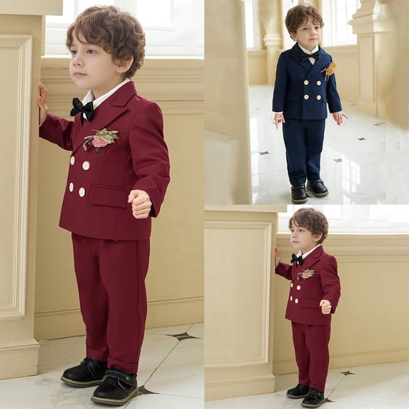 Toddler Summer Outfits 5 Piece Solid Print Lapel Long Sleeve Shirt And Vest And Pants And Suit formal Boys' Clothing Sets Brick Red 3 Years-4 Years