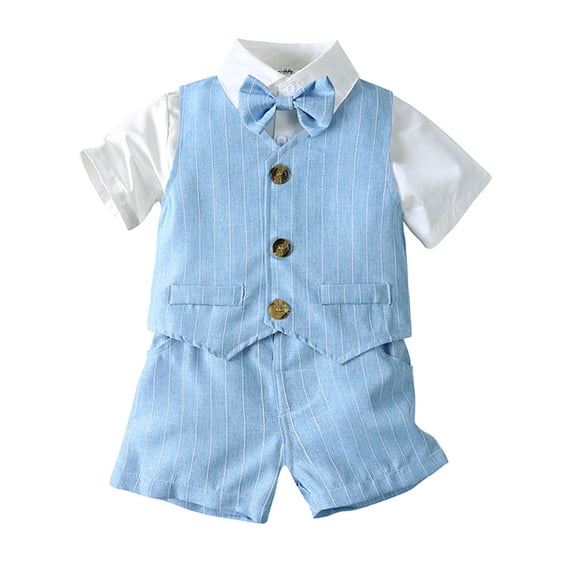 Toddler Summer Outfits For Boys Kids T Shirt Plaid Bow Striped Tie Gentleman Suits Shirt Vest + Shorts Sets Size 12-24 Months