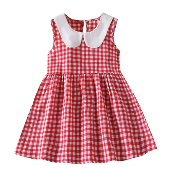 Toddler Summer Plaid Dresses for Girls Babydoll Dress Girl Cute Clothes Doll Collar Cotton Sleeveless Floral Dresses, Red, 4 Years