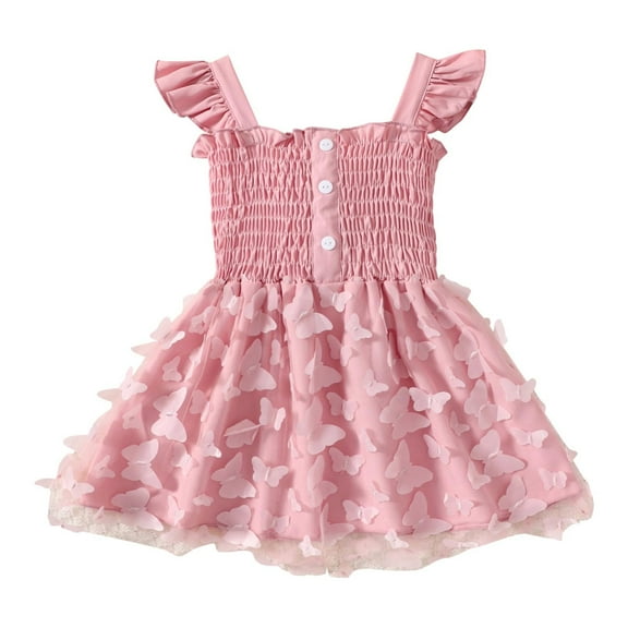 Toddler Summer Smocked Dresses Girls Casual 3D Butterfly Mesh Ruffle Sleeveless Dress Cute Clothes Flutter Princess Dress, Hot Pink, 4 Years
