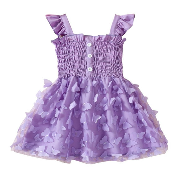 Toddler Summer Smocked Dresses Girls Casual 3D Butterfly Mesh Ruffle Sleeveless Dress Cute Clothes Flutter Princess Dress, Purple, 5 Years