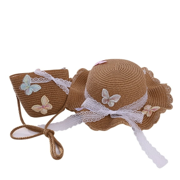 Toddler Sun Hat,Kids Butterfly Sunshade Straw Hat with Straw Bag for Girls Summer Beach Sun Wide Brim Hat & Matching Tote Set,Kids Sun Hat,Khaki,One Size