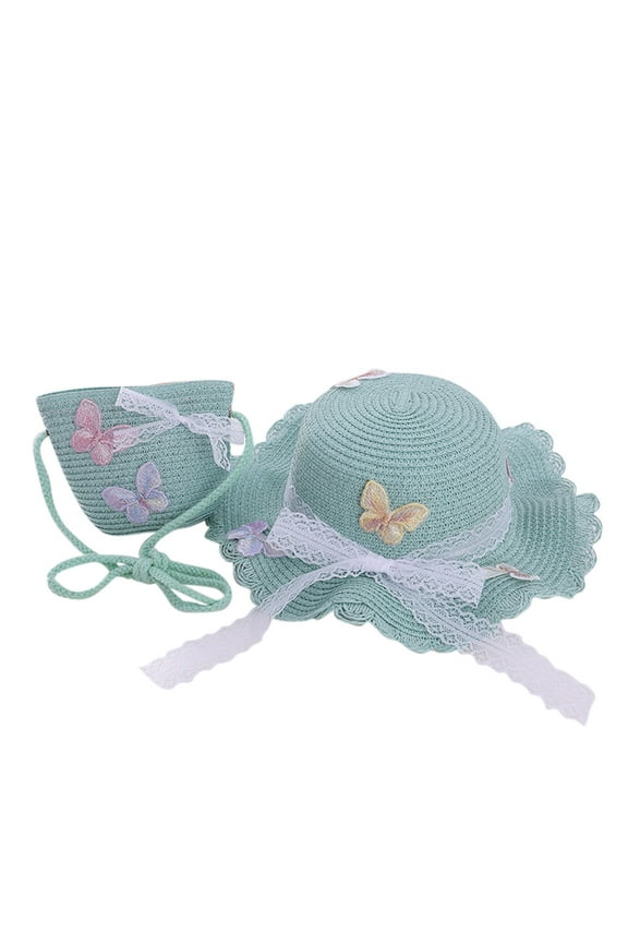 Toddler Sun Hat,Kids Butterfly Sunshade Straw Hat with Straw Bag for Girls Summer Beach Sun Wide Brim Hat & Matching Tote Set,Kids Sun Hat,Mint Green,One Size