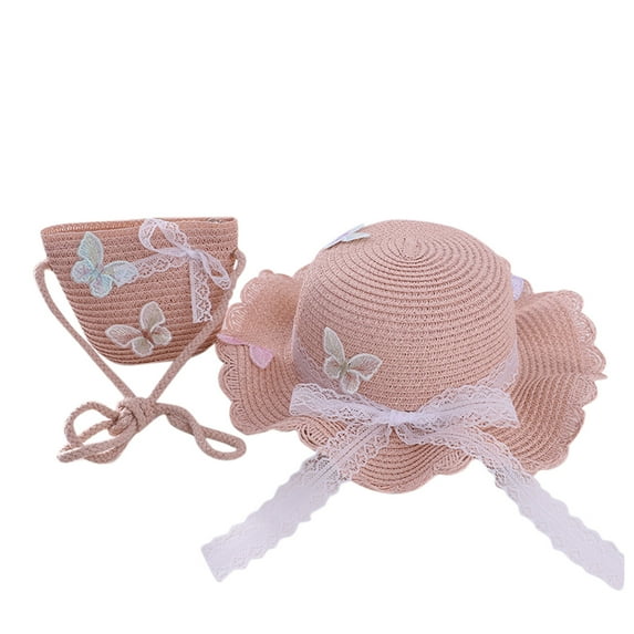 Toddler Sun Hat,Kids Butterfly Sunshade Straw Hat with Straw Bag for Girls Summer Beach Sun Wide Brim Hat & Matching Tote Set,Kids Sun Hat,Pink,One Size