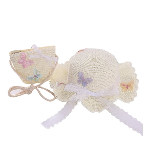 Toddler Sun Hat,Kids Butterfly Sunshade Straw Hat with Straw Bag for Girls Summer Beach Sun Wide Brim Hat & Matching Tote Set,Kids Sun Hat,White,One Size