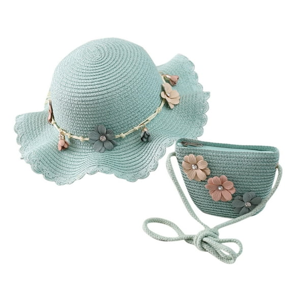 Toddler Sun Hat,Kids Lovely Flower Sunshade Straw Hat with Straw Bag for Girls Summer Beach Sun Wide Brim Hat & Tote Set,Kids Sun Hat,Mint Green,One Size