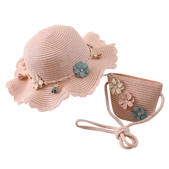 Toddler Sun Hat,Kids Lovely Flower Sunshade Straw Hat with Straw Bag for Girls Summer Beach Sun Wide Brim Hat & Tote Set,Kids Sun Hat,Pink,One Size