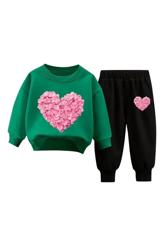 Toddler Sweat Suits Girl Valentines Day Gifts for Kids Two Piece Fall Spring Outfit Light Winter Wear Sweatpants and Tops, Army Green, 4 Years