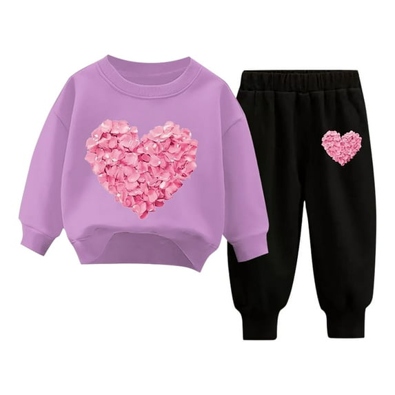 Toddler Sweat Suits Girl Valentines Day Gifts for Kids Two Piece Fall Spring Outfit Light Winter Wear Sweatpants and Tops, Purple, 4 Years