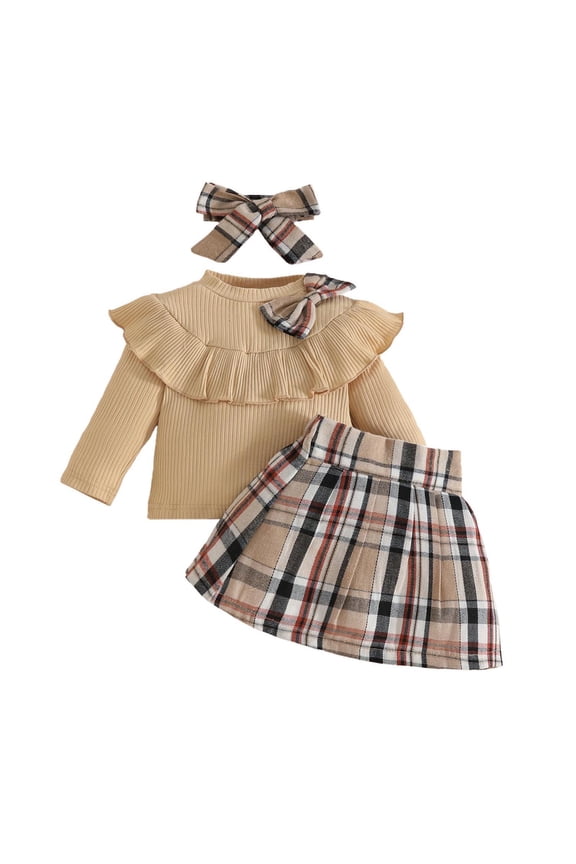 Toddler Sweater, Skirt Set, Paiwinds Fall and Winter Sweet and Fashionable Baby Girl Ruffle Bowknot Striped Solid Color Long-sleeved Top + Classic Plaid Skirt + Hairband Set, 2 Years