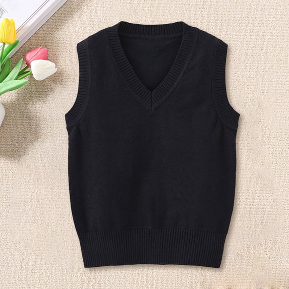 Toddler Sweater Vest, V Neck Comfort Boy Vest Knit Sweater, Knitted Sleeveless Pullover Girls Clothes Dress Vests Uniform Vest Boys Lightweight Stretch Waistcoat Classic Preppy Style Black