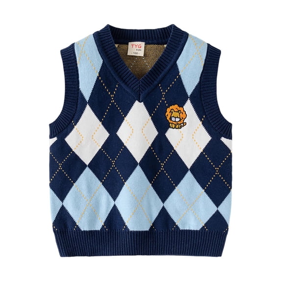 Toddler Sweater Vests Boys Girls Preppy Outfits Cute School Uniform Sleeveless Knitted Sweaters Tops Blue, 4 Y