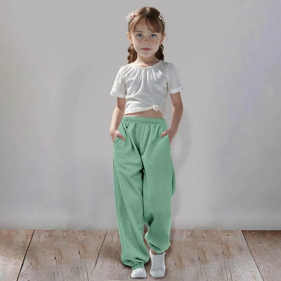 Girls Boys Jogger Sweatpants Green Boys School Pants Adjustable Drawstring Casual Pants With Pockets Girls Solid Pants Kids Pants Boys 7-8 Years