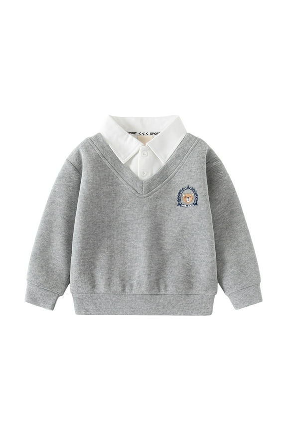 Toddler Sweatshirt Two-Piece Polo Print Lightweight Winter Warm Sweater Crewneck Pullover Kids Hoodies Grey 6 Y-7 Y