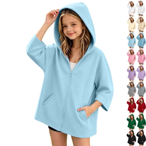 Toddler Sweatshirts Dqueduo Kids' Fashion Solid Color Zip Up Pocket Hoodie Sweatshirt Jacket For Girls, Sizes 5-16 Years