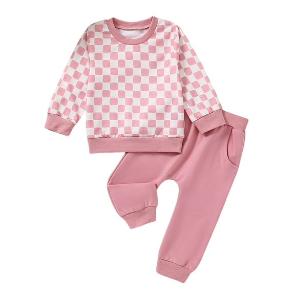 Toddler Sweatsuit Girls Fall Long Sleeve Plaid Cute Shirt Pants Suit First Day of Preschool 2 Piece Matching Outfits, Pink, 3 Years