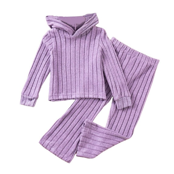Toddler Sweatsuit,Girls Two Piece Set Knit Hoodie Pants Ribbed Comfort Casual Playwear,Girls Sweatsuit,Z03 Purple,5-6 Years