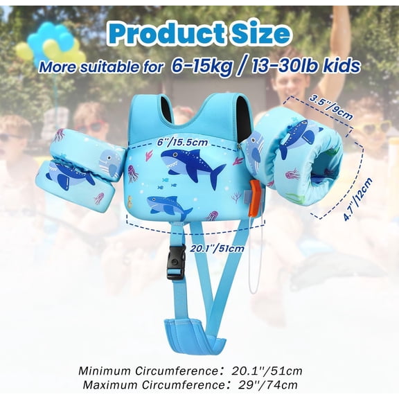 Toddler Swim Vest, Adjustable Floaties for Kids 13-30 Lbs, Water Arm Band with Safety Straps