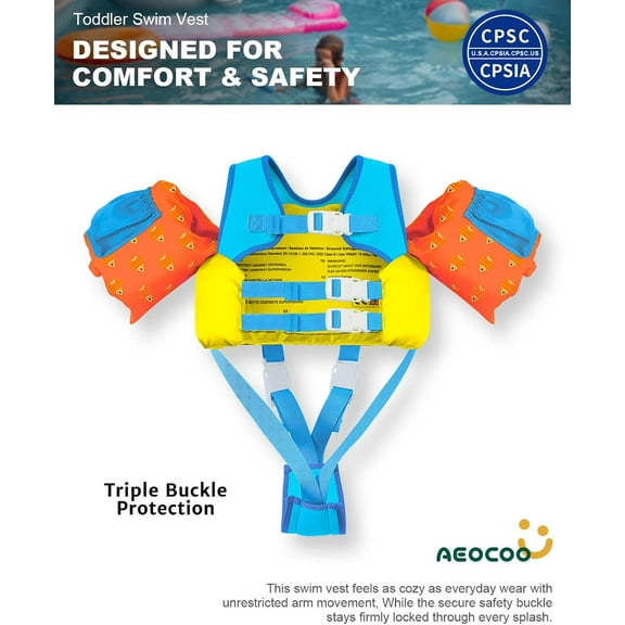Toddler Swim Vest for 3-9 Years, Puddle Jumper 20-70 lbs, Kids Pool Float Jacket with Arm Floaties - Water Wings for Swimmies