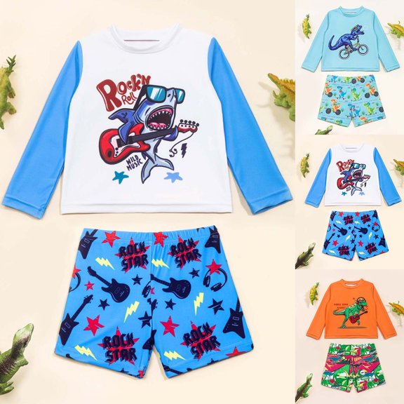 Toddler Swimsuit Beachwear Toddler Boys Two Piece Long Sleeve Cute Cartoon Printed Rash Guard Swim Set Lightweight Sun Safe Outfit for Student Seaside Vacation Trips Blue 100