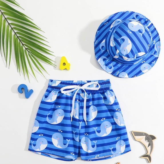 Toddler Swimsuit Boy Baby Boys Whale Print Swim Trunks with Cap Boys Bathing Suit Multicolour 9-12 Months