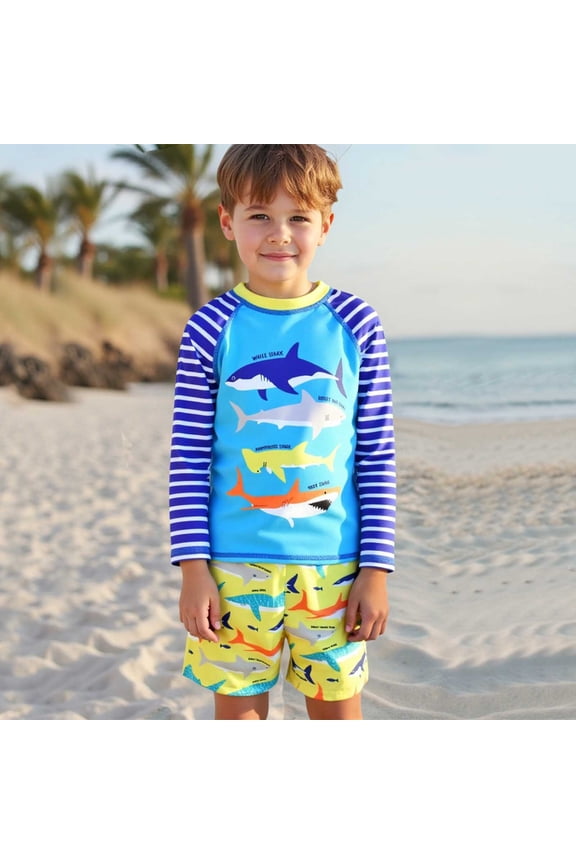 Toddler Swimsuit Boy Beach Pool Colorful Shark Print Long Sleeve Sun Protection Quick Dry Swimwear for Toddler Kids Boys Kids Swimsuits Blue 6 Years-7 Years