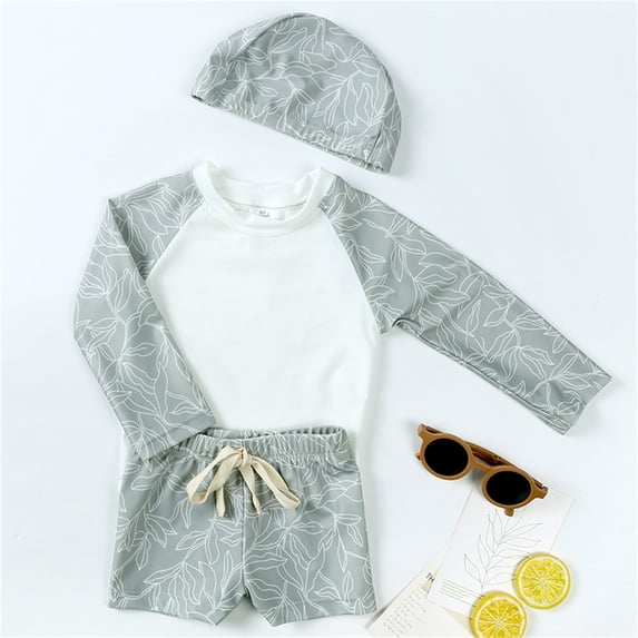 Toddler Swimsuit Boy Boys Long Sleeve Three Piece Rash Guard Set Baby Boy Bathing Suit Grey 6-12 Months