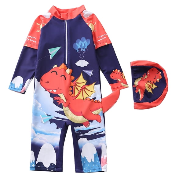 Toddler Swimsuit Boy Kids Boys Long Sleeve Upf 50 Print One Piece Swimsuits with Cap Girls Bathing Suit Navy1 2-3 Years