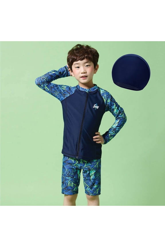 Toddler Swimsuit Boy Kids Boys Long Sleeve Zip Up Rash Guard with Mid Length Swim Trunks Girls Bathing Suit Navy 9-10 Years