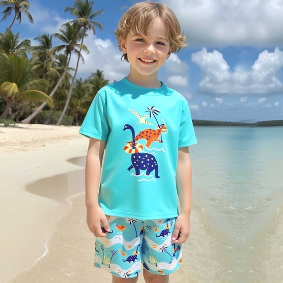 Toddler Swimsuit Beachwear Boys Two Piece Dinosaur Print Rash Guard Swim Trunks Set Lightweight Sun Safe Outfit for Kids Seaside Vacation Swimming Trips Blue 4Y