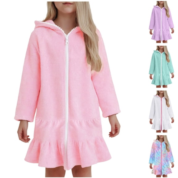 Toddler Swimsuit Boy Rash Guard Girls Sun Protective Swim Cover Up Hooded with Full-Length Zipper Short Sleeve UPF 50+ Beach Dress Coverup